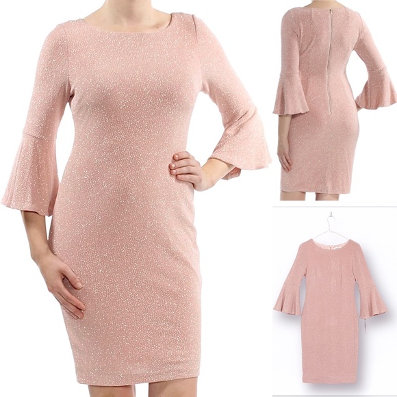 Calvin Klein Sheath Bell Sleeve Glitter Party/Cocktail Dress Knee Length Stretch - Picture 1 of 8